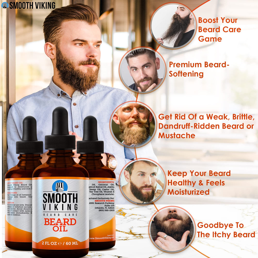 Hands massaging Smooth Viking Beard Oil into coarse hairs for softness.