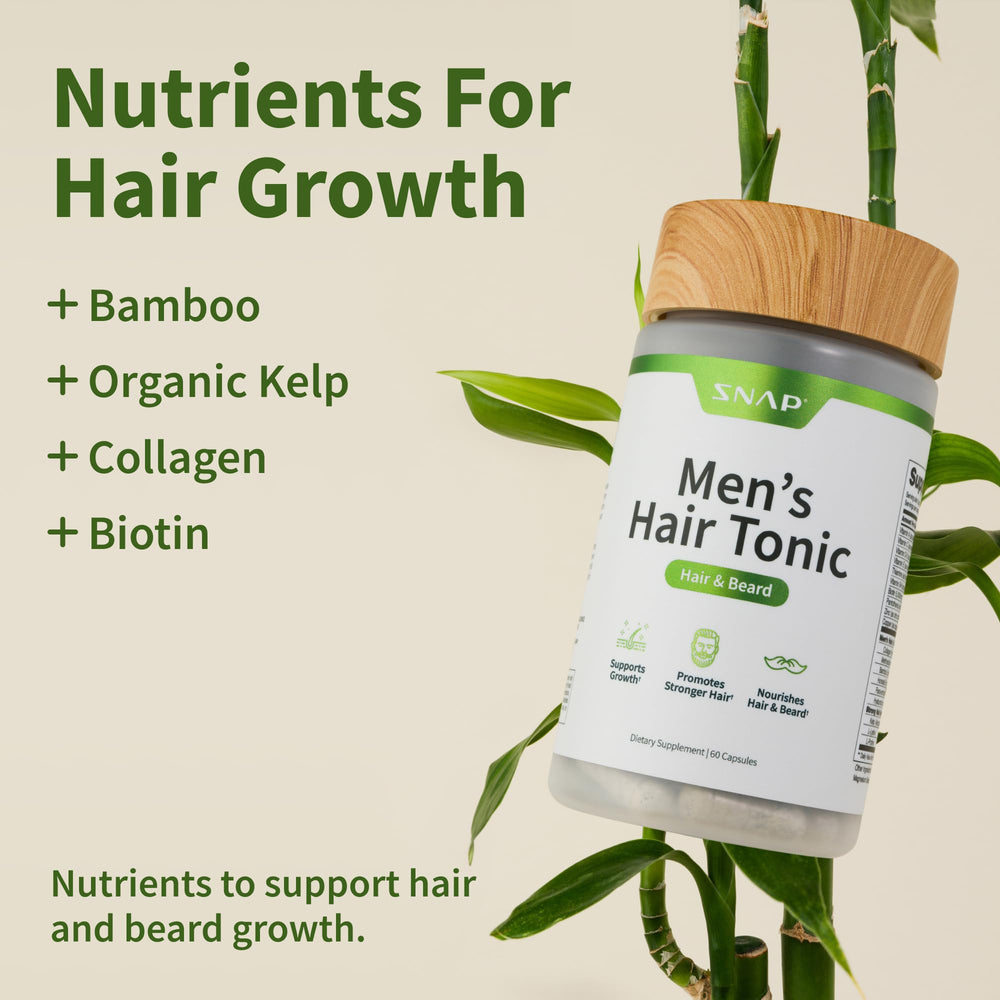 Snap Supplements Hair Growth Supplement label shows high-quality ingredients.