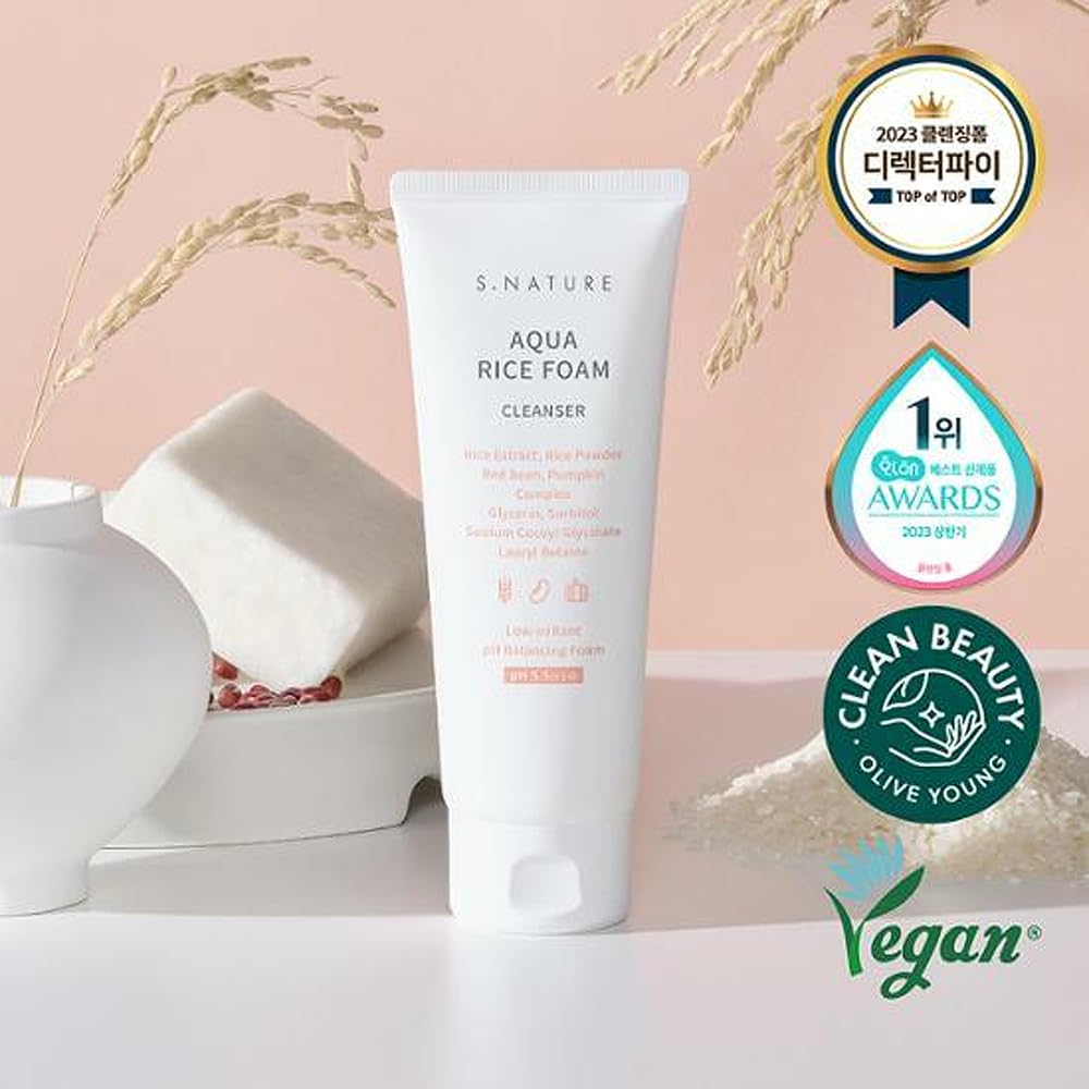 S.NATURE Aqua Rice Foam Cleanser packaging on a clean vanity for luminous skin