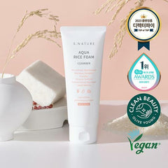 S.NATURE Aqua Rice Foam Cleanser packaging on a clean vanity for luminous skin