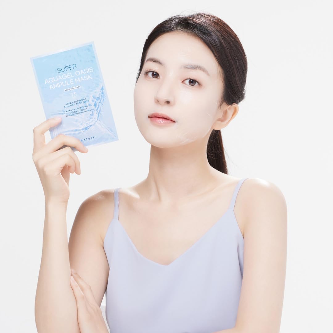 Close-up of Aquagel Oasis Ampule Mask texture showing a soothing gel layer on skin.