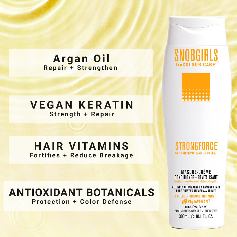 SNOB GIRLS StrongForce shampoo hair vitamins illustrate nourishing nutrients for healthier strands