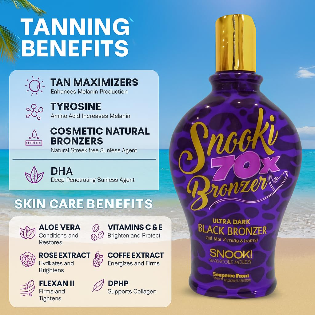 Snooki Ultra Dark 70X ingredient list emphasizes skin conditioning and hydration benefits.