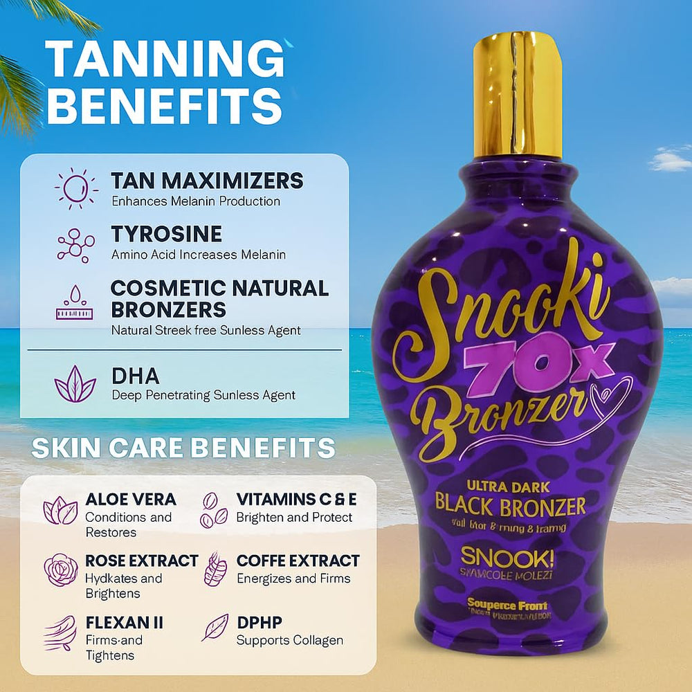 Snooki Ultra Dark 70X ingredient list emphasizes skin conditioning and hydration benefits.
