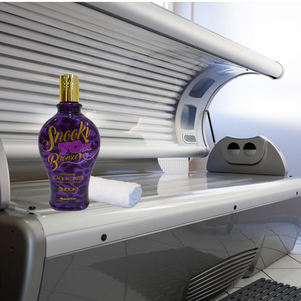 Snooki Ultra Dark 70X tan shade captures a dramatic, sun-kissed glow after use.