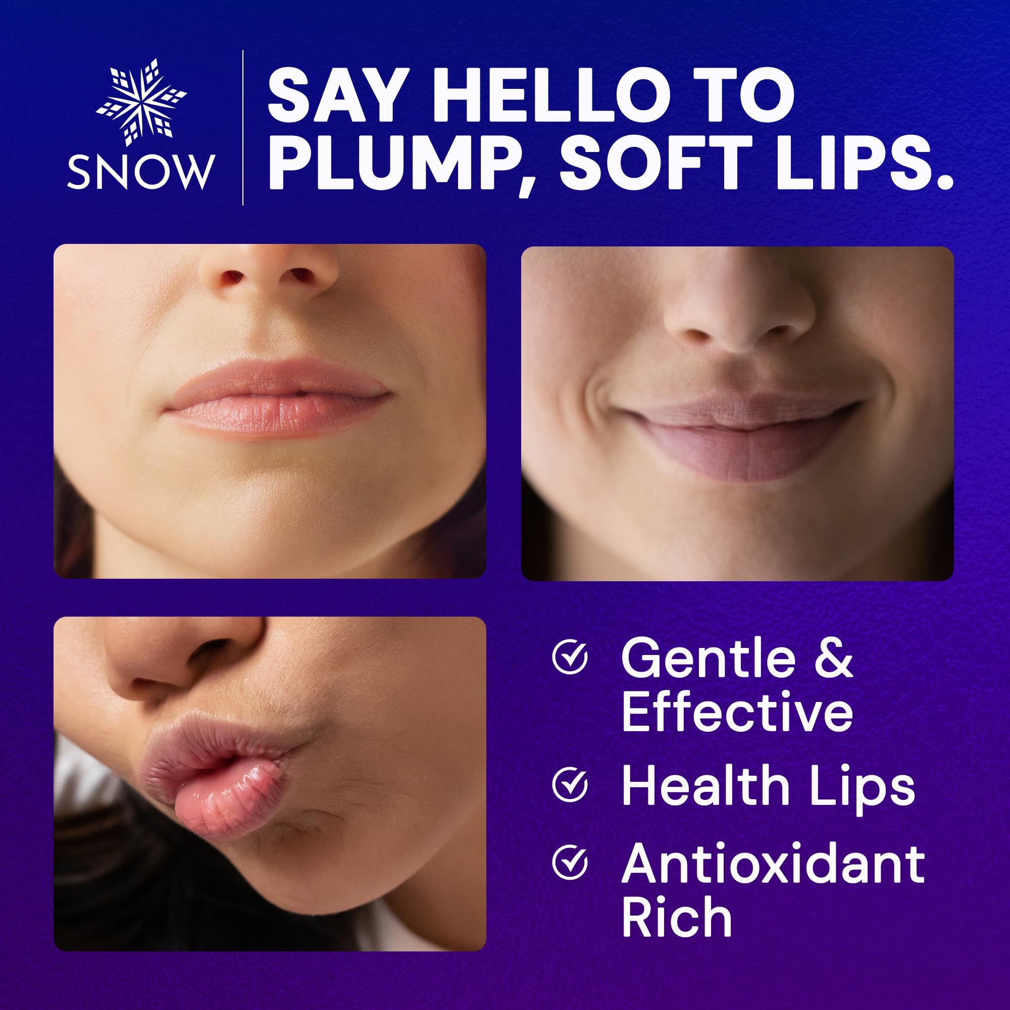 SNOW vitamin E infused lip care close-up highlighting natural plump and protection