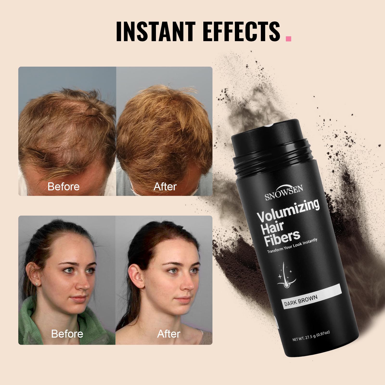 SNOWSEN dark brown fibers blend with your shade for realism.