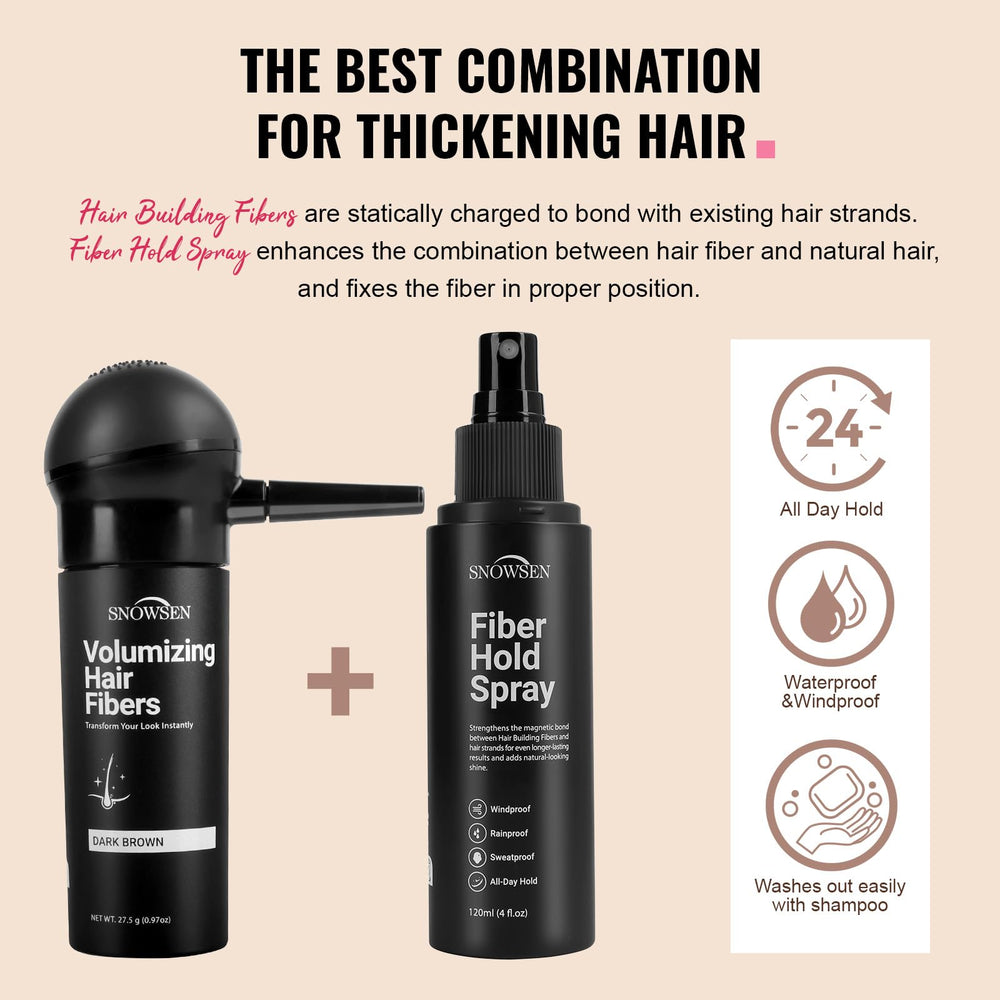 SNOWSEN fiber hold spray locks fibers for all-day wear.