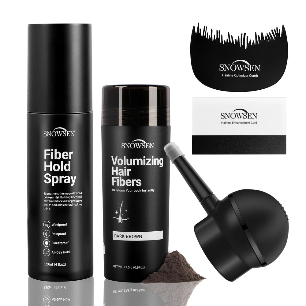 SNOWSEN hair fibers kit with spray applicator for precise thinning-area coverage.