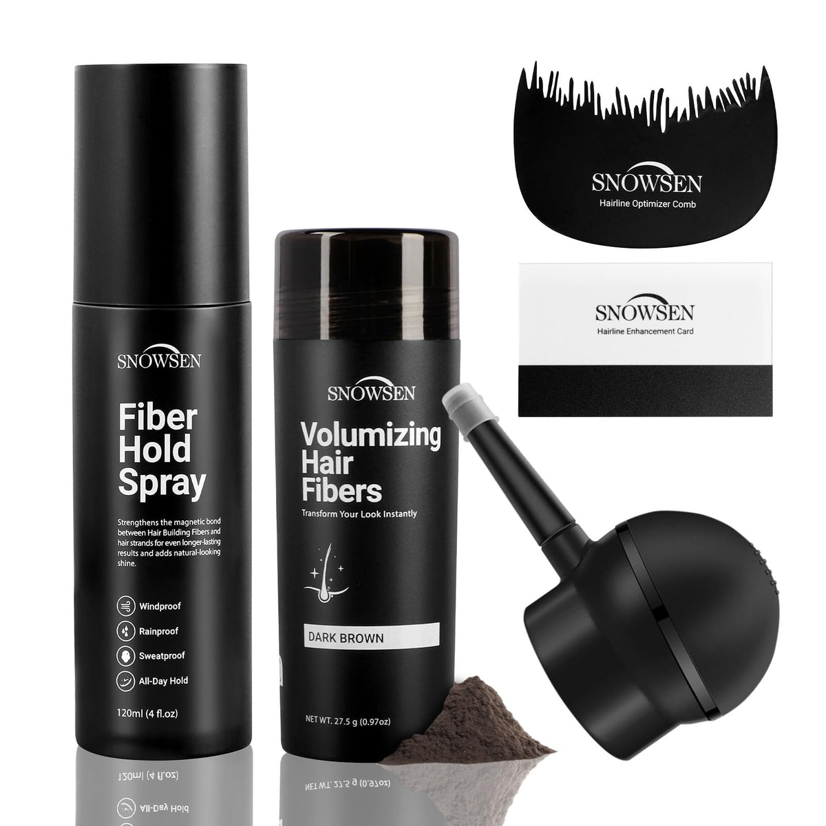 SNOWSEN hair fibers kit with spray applicator for precise thinning-area coverage.