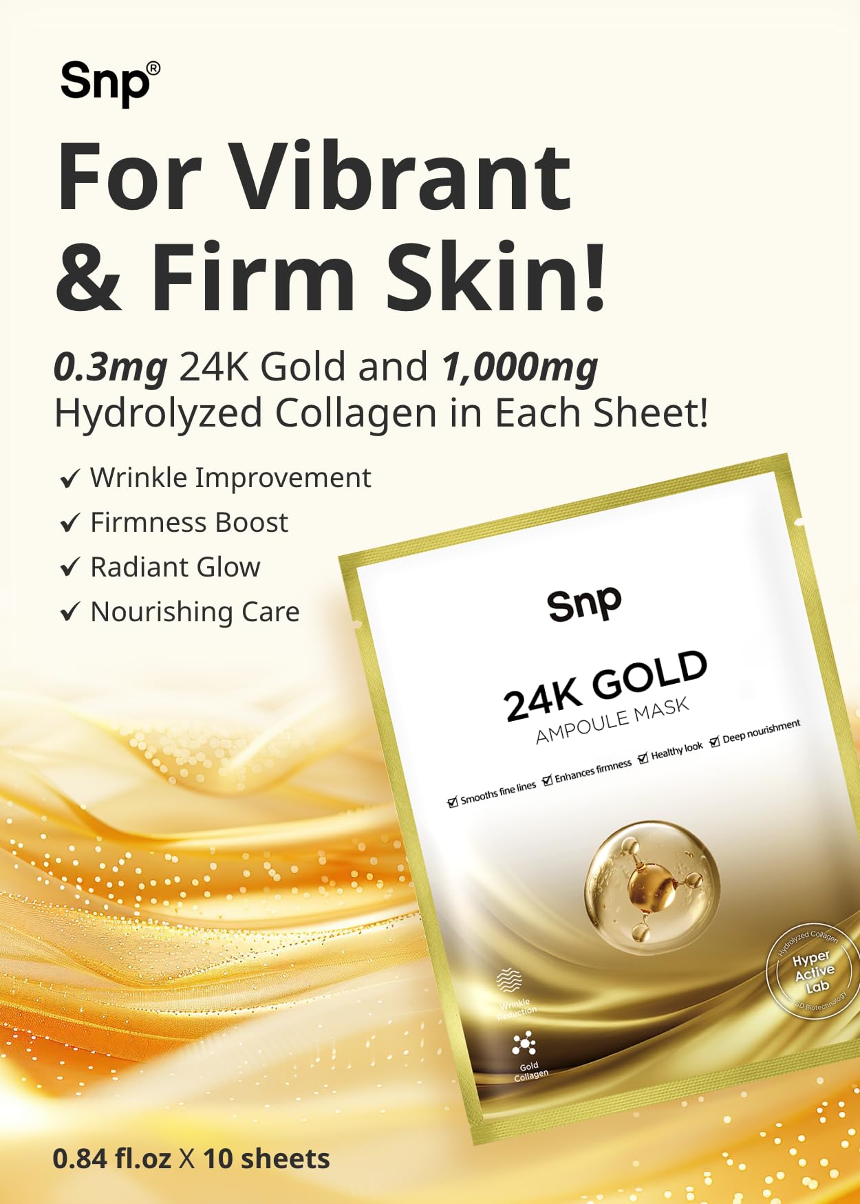 SNP 1000mg Collagen and 24K Gold mask on skin reveals luminous tone and refreshed feel