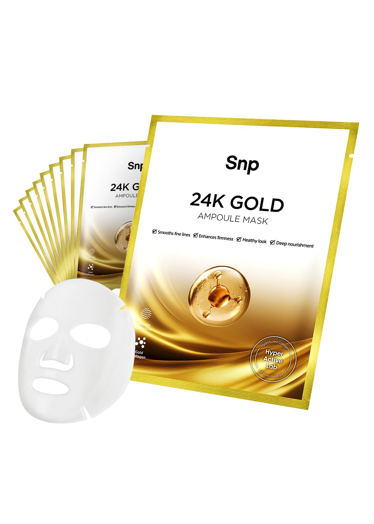 SNP 1000mg Collagen and 24K Gold mask packaging highlights premium Korean skincare for overnight hydration