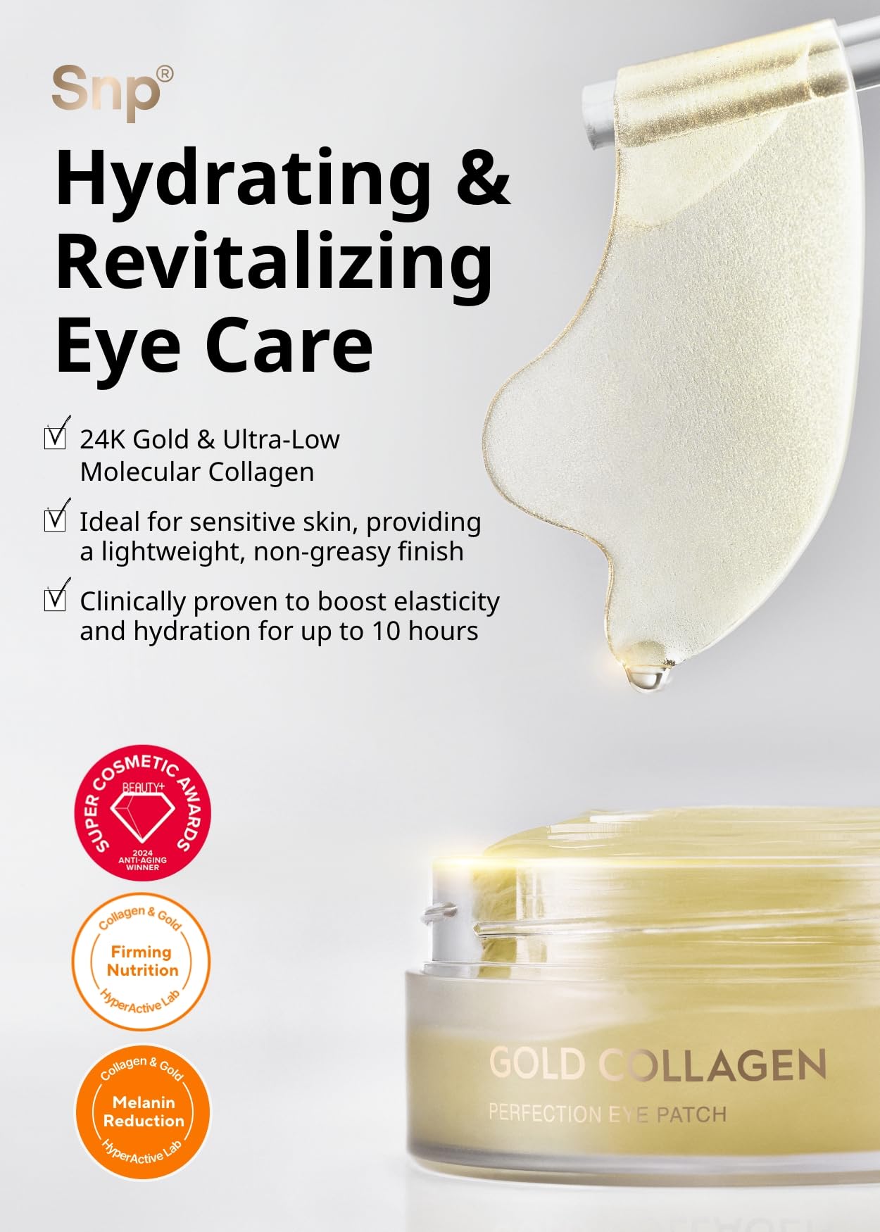 SNP 24K gold eye patch close-up highlighting luxurious formula for brightening under-eye area.