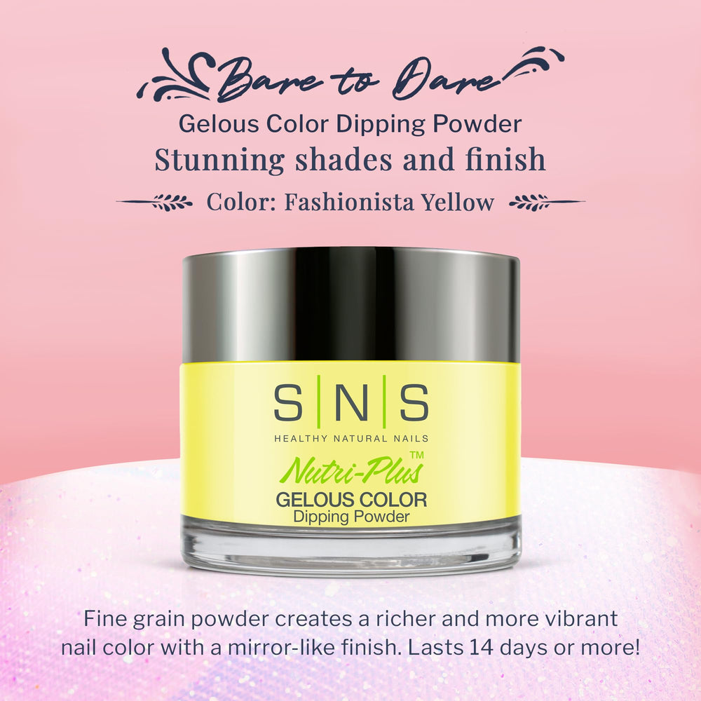 SNS Fashionista Yellow swatches on nails showing pastel cream shade for chic nail art.