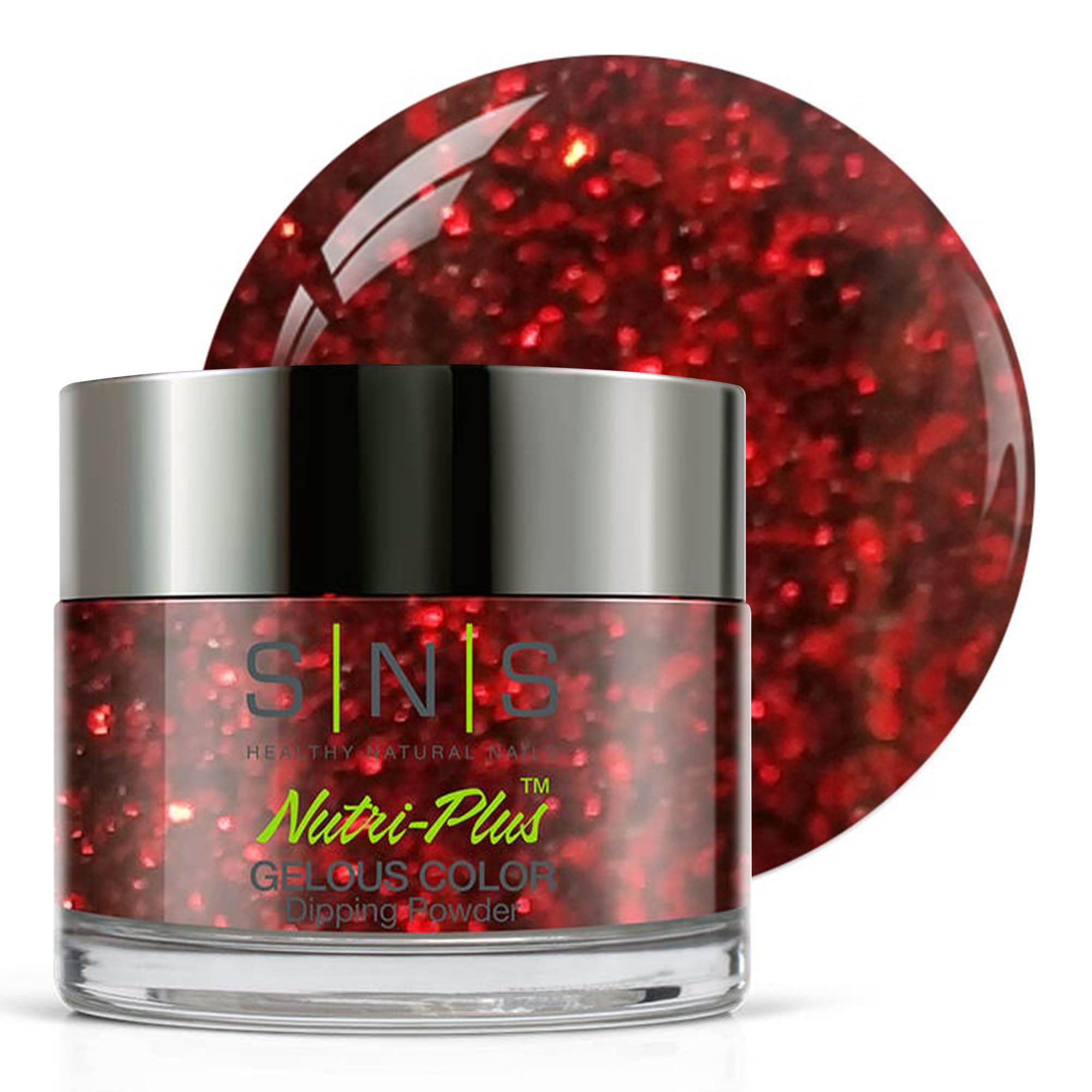 SNS Healthy Natural Nails Be My Valentine dip powder jar with red glitter finish for long-lasting color.