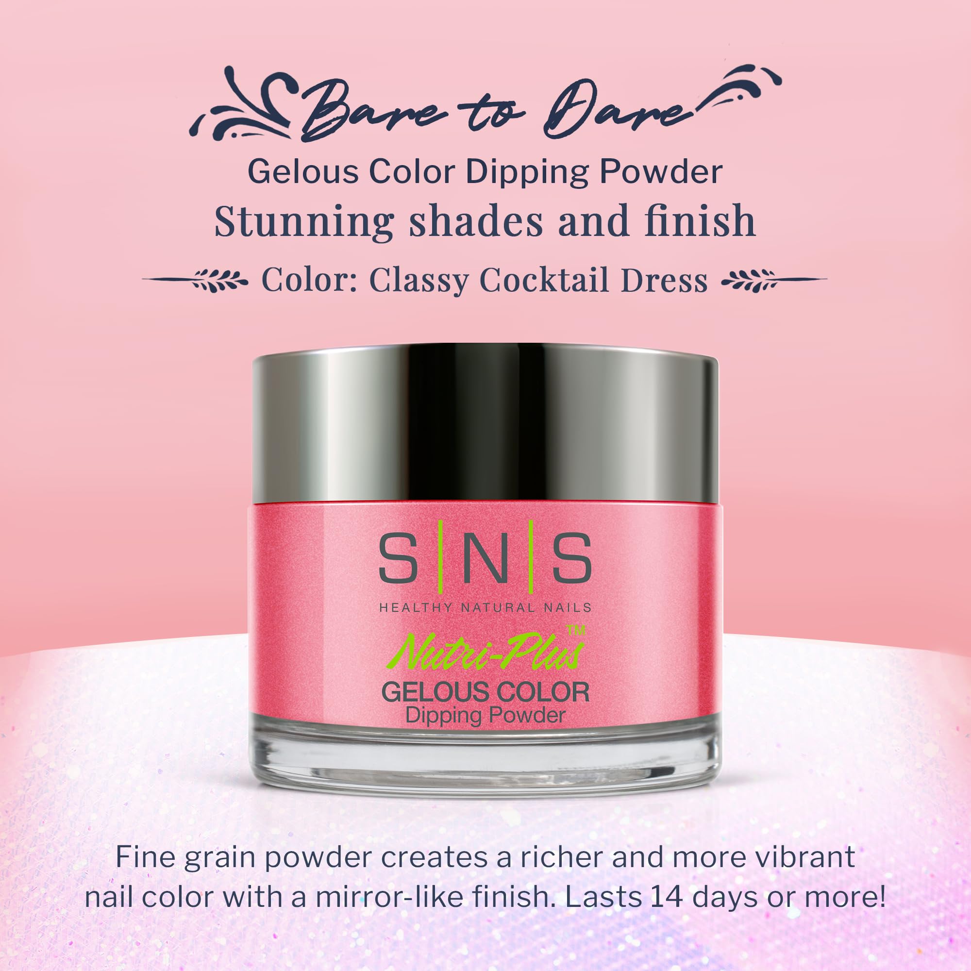 SNS Nail Dip Powder Classy Cocktail Dress swatch displays the pink shimmer shade.