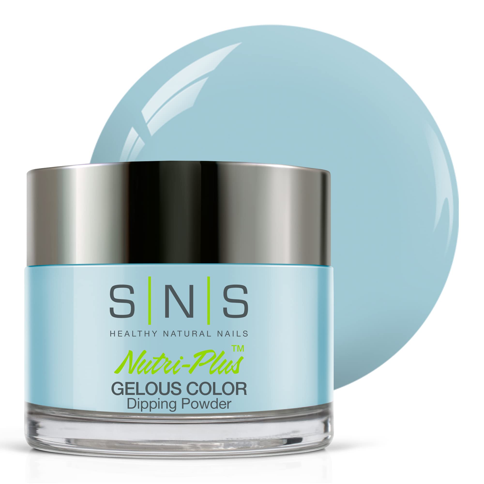 SNS Nail Dip Powder Cashmere Cardigan in a baby blue jar for rich color.