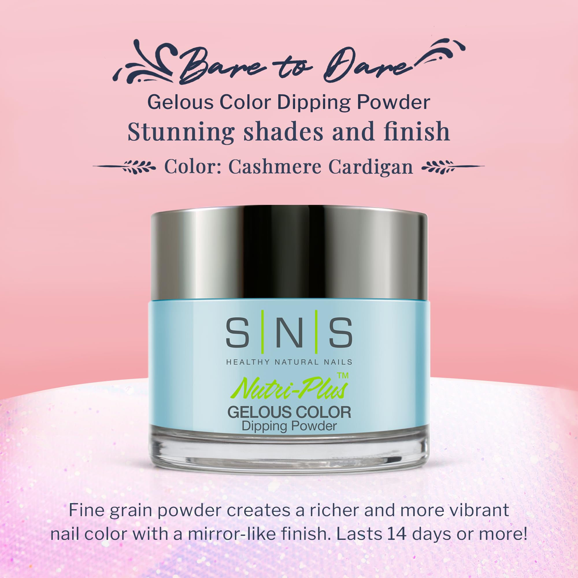SNS Nail Dip Powder Cashmere Cardigan pastel hues in a jar indicate vibrant tone.