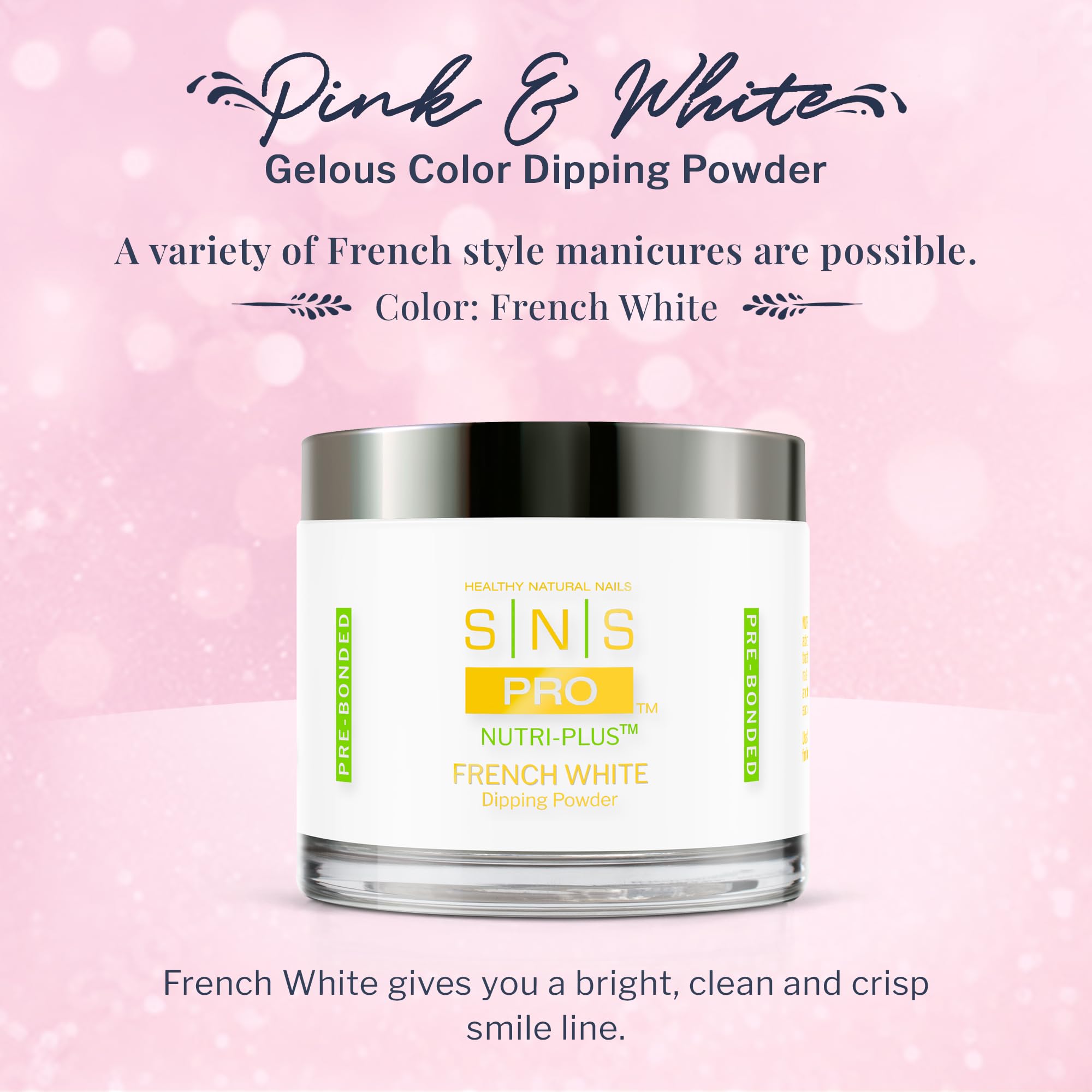 SNS Nail Dip Powder French White on nails shows durable, glossy finish at home.