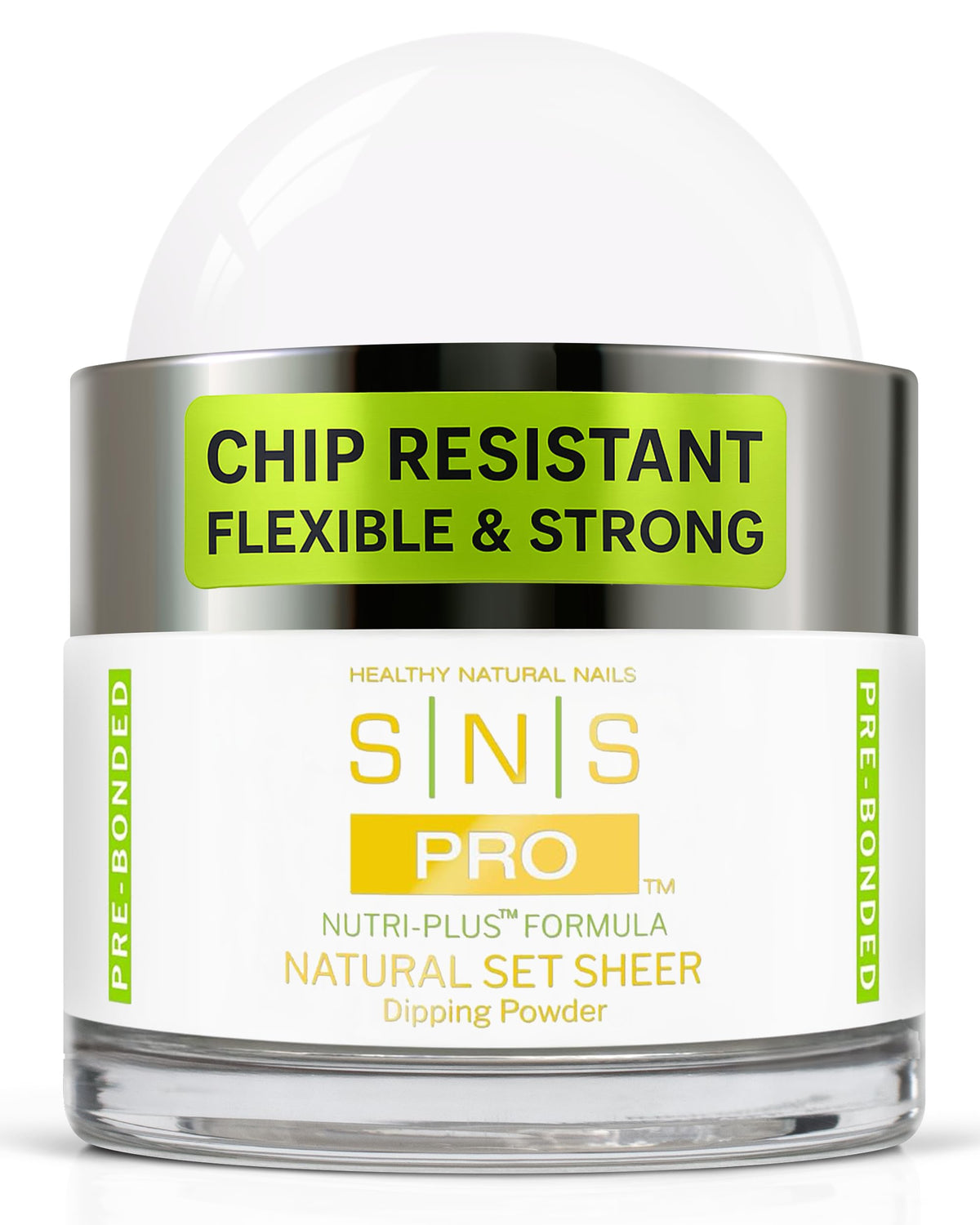SNS Nail Dip Powder Natural Sheer bottle close-up with a glossy finish.