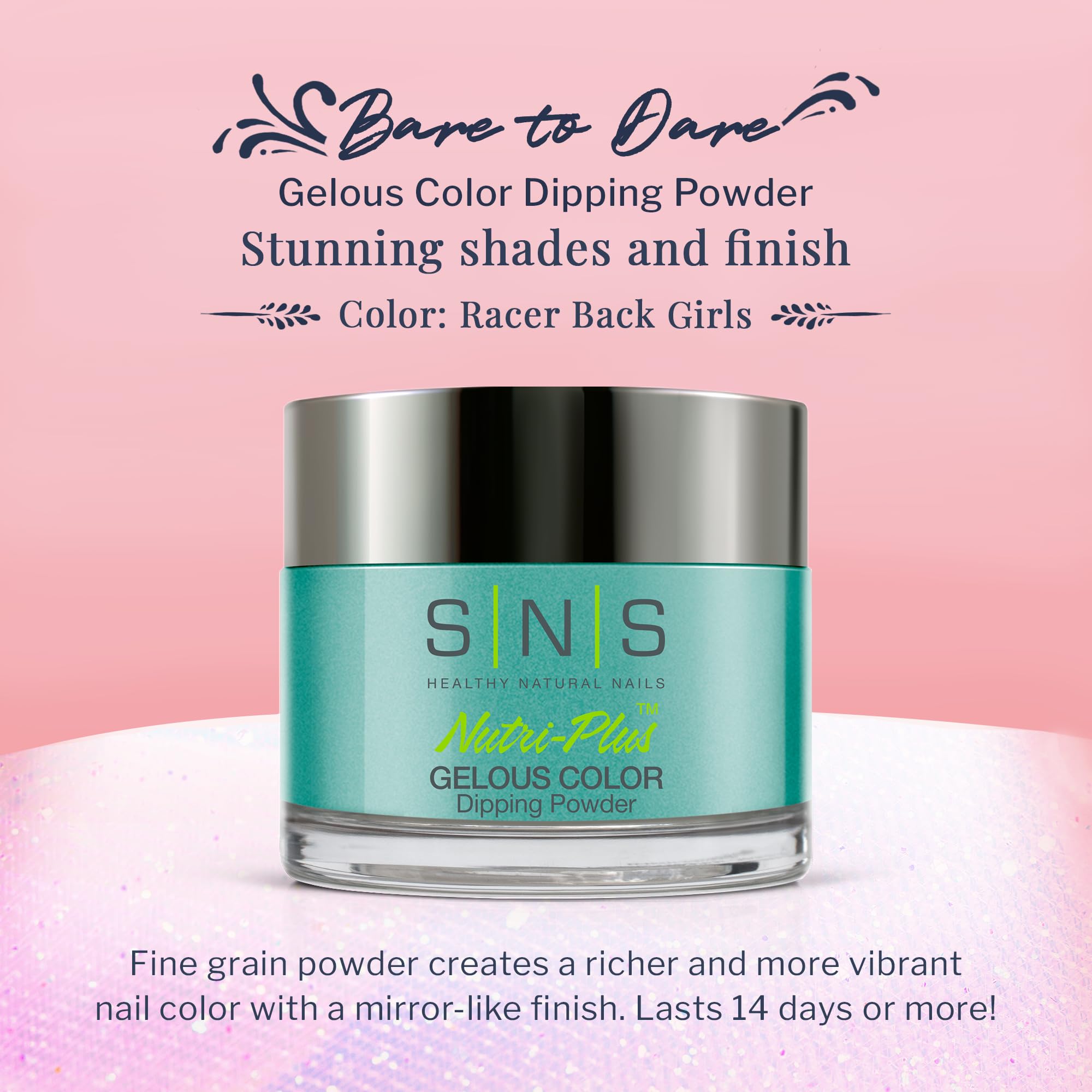 SNS dip powder swatch on nails shows turquoise-teal shimmer for vibrant results.