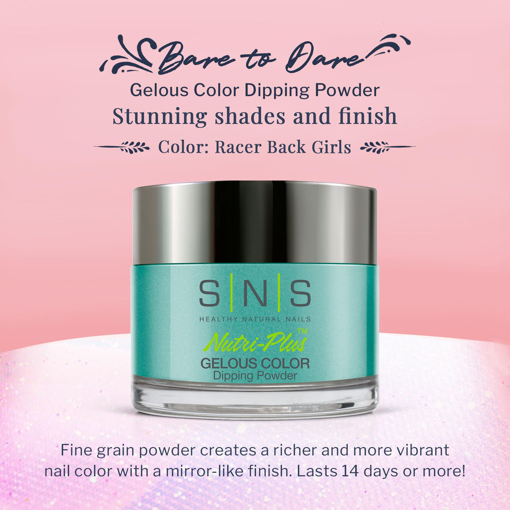 SNS dip powder swatch on nails shows turquoise-teal shimmer for vibrant results.