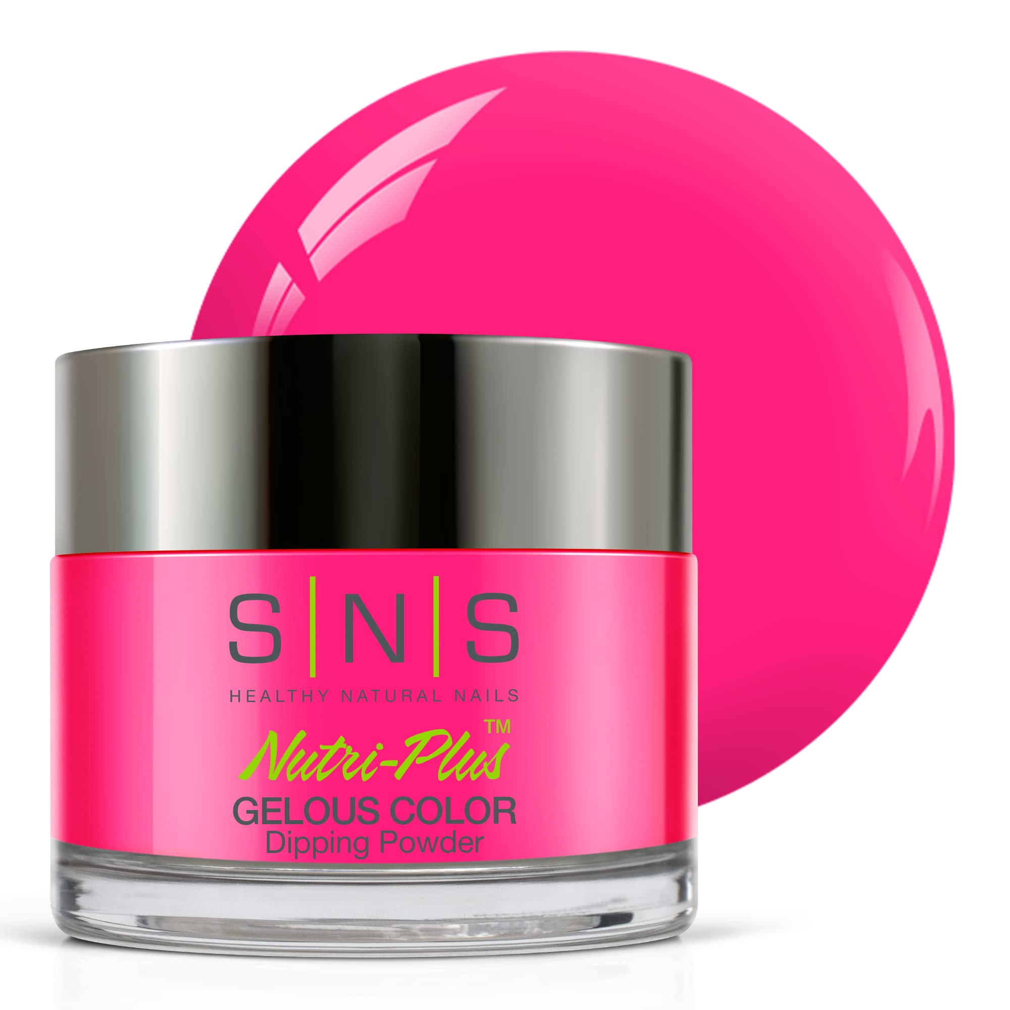 SNS Nail Dip Powder Shes Superfly pink glow bottle promises vivid color, long wear, no UV lamp needed.