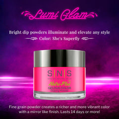 SNS Nail Dip Powder Shes Superfly pink glow nails display vibrant manicure.