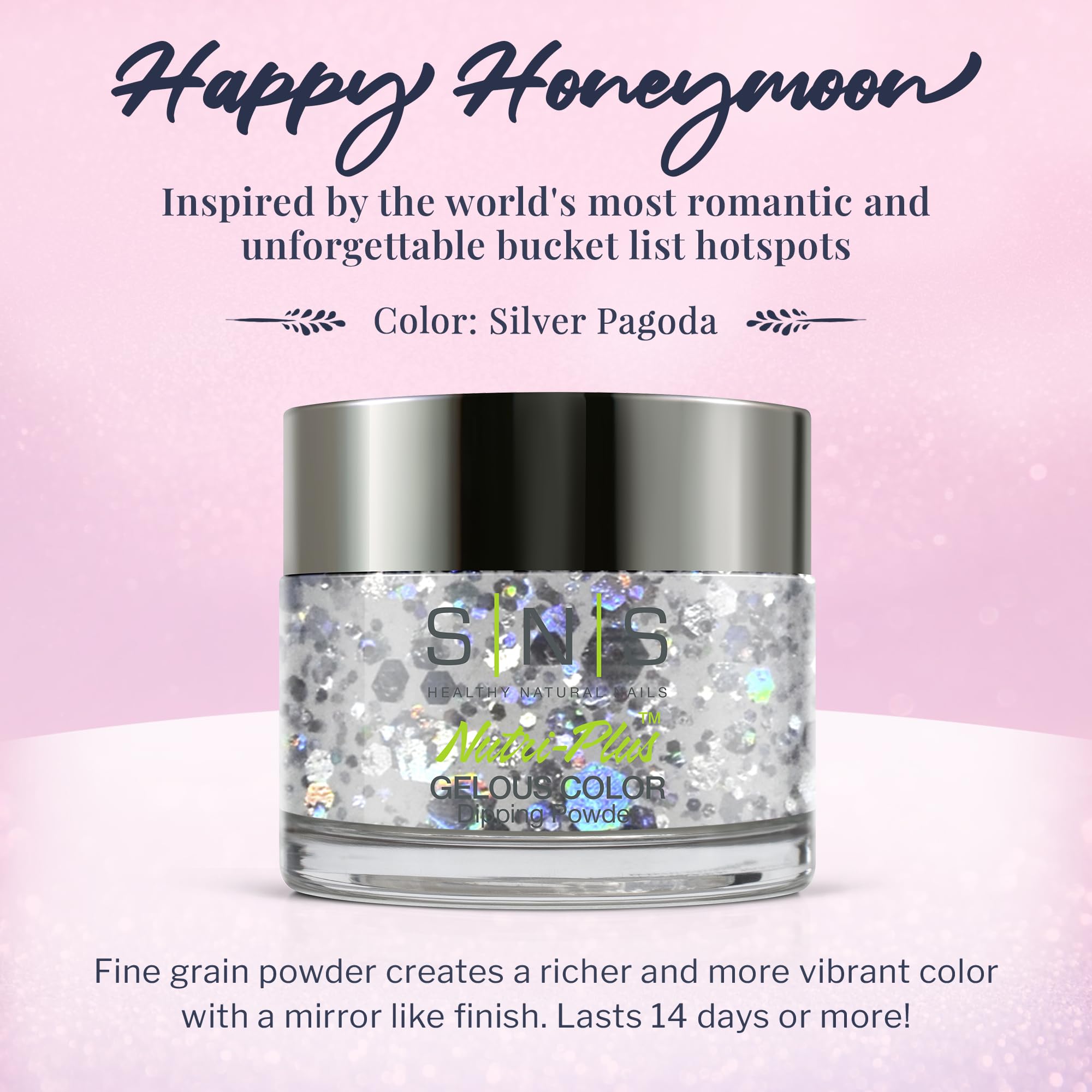 SNS Silver Pagoda swatch on nail displays rich color and shimmer