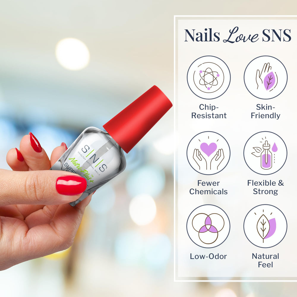 SNS Gel Top Coat with Nutri-Plus nourishes nails and cuticles.