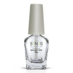 SNS Sealer Dry bottle closeup shows quick-dry action for durable dip powder finish.