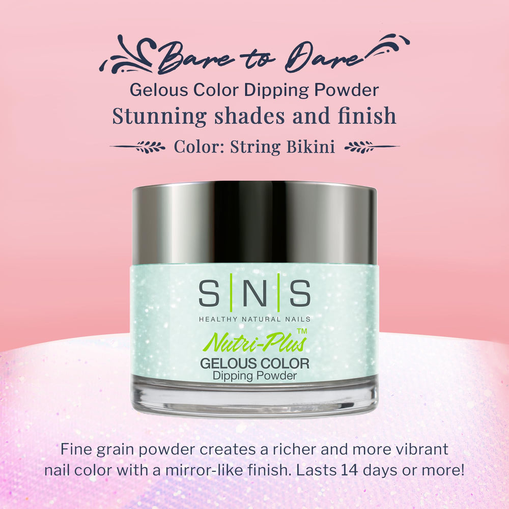 SNS String Bikini powder close-up highlights fine-grain texture for rich color.