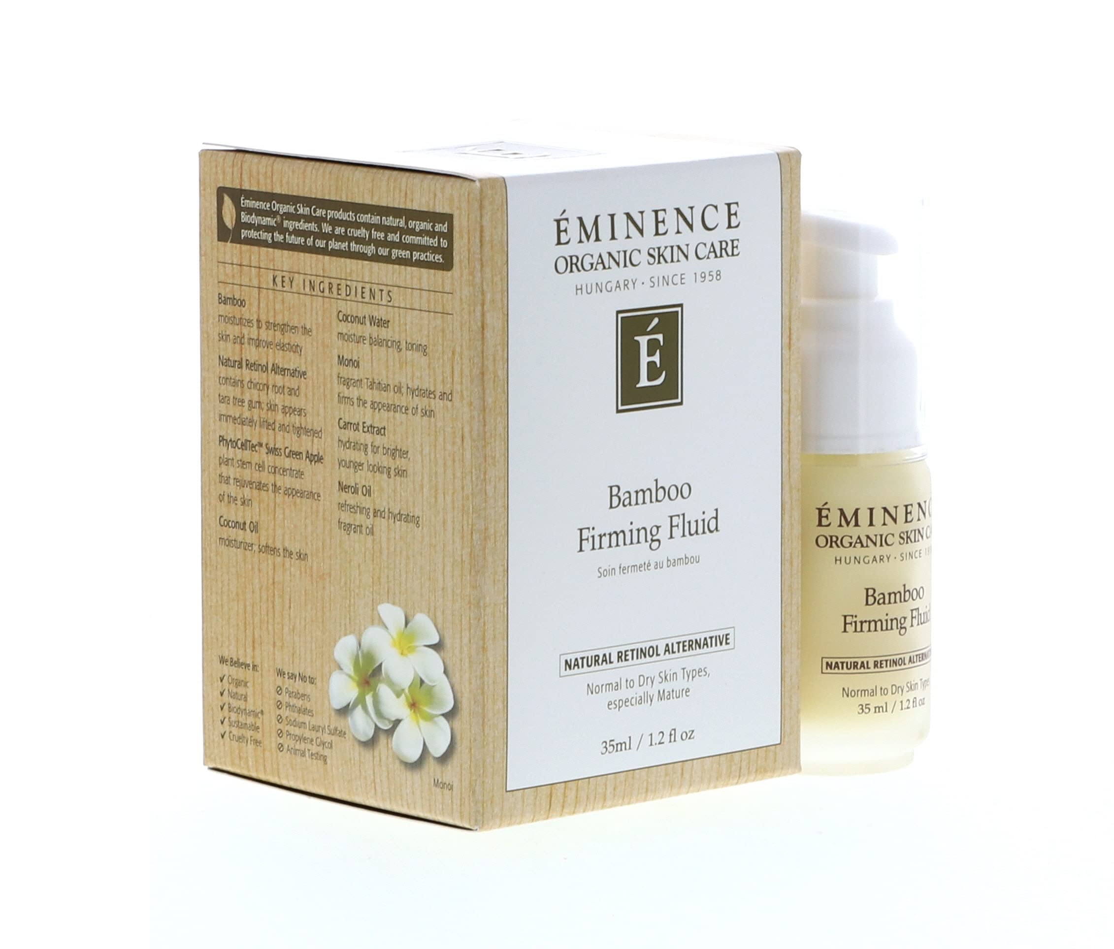 Ingredient list of SoSickWithIt Eminence Bamboo Firming Fluid highlighting organic botanicals.