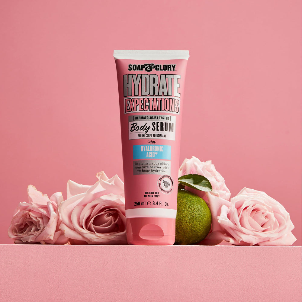Soap & Glory Hydrate Expectations vegan formula signals cruelty-free moisturization.