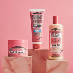 Soap & Glory Hydrate Expectations pink fragrance hints with patchouli, musk, rose.