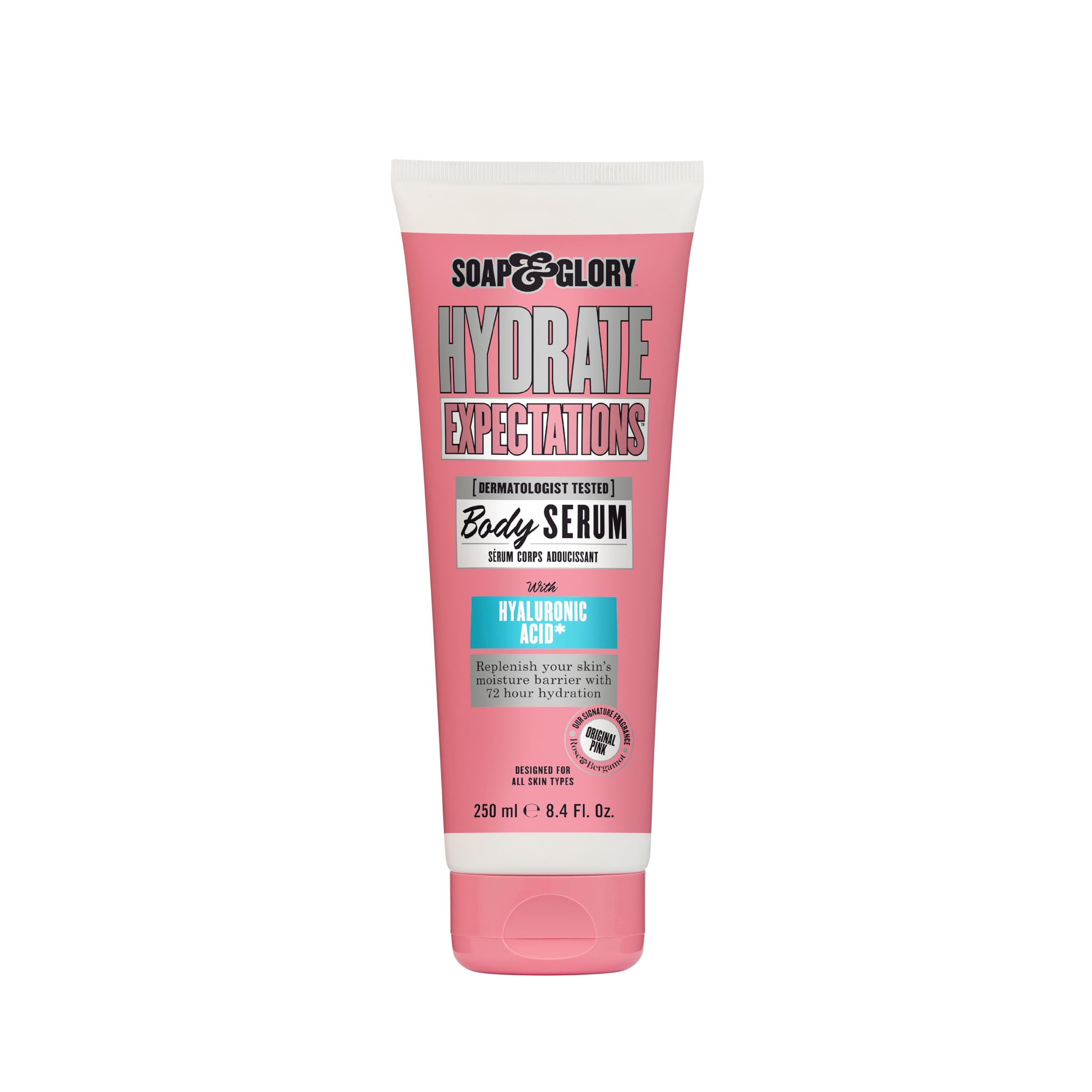 Soap & Glory Hydrate Expectations serum bottle highlighting deep hydration.