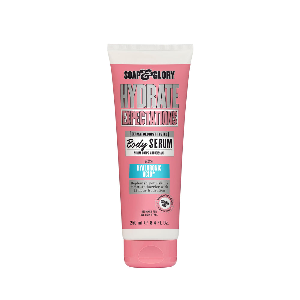 Soap & Glory Hydrate Expectations serum bottle highlighting deep hydration.
