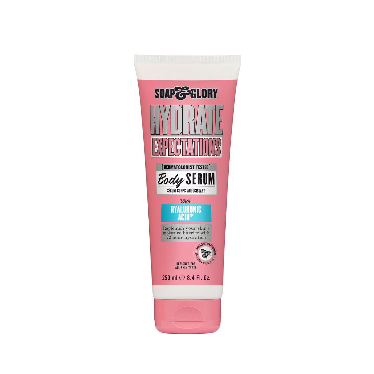 Soap & Glory Hydrate Expectations serum bottle highlighting deep hydration.