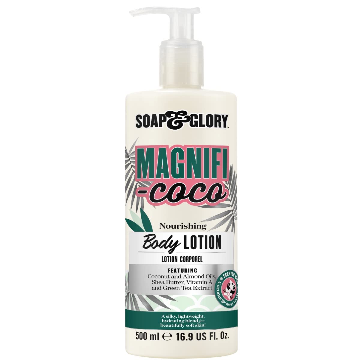 Soap & Glory Magnifi-Coco body lotion bottle on a bathroom counter, coconut-scented hydration.