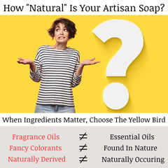 The Yellow Bird Peppermint Tea Tree Soap Bar label highlights natural, organic ingredients.