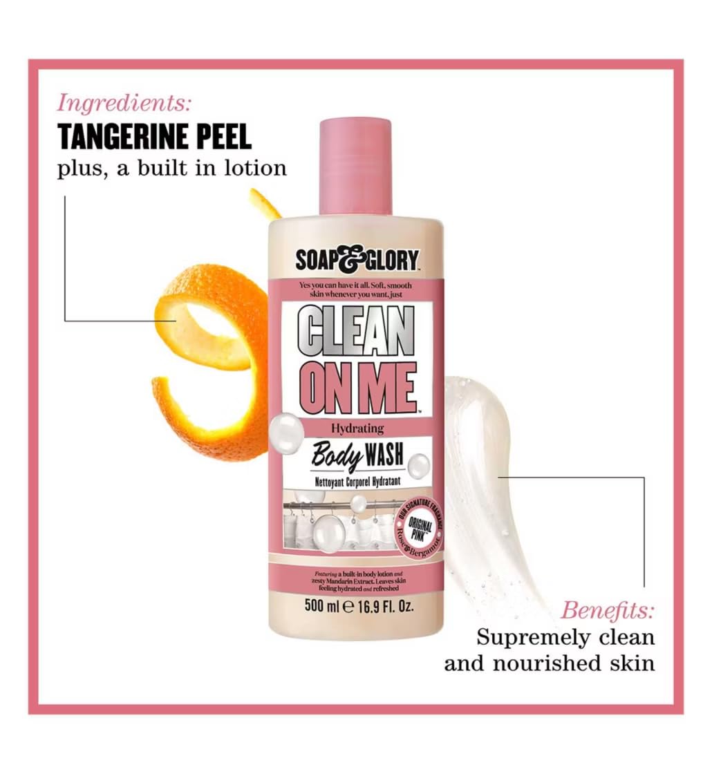 Soap & Glory Clean On Me 500 ml label closeup, shows creamy lather potential.