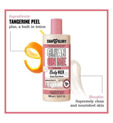 Soap & Glory Clean On Me 500 ml label closeup, shows creamy lather potential.