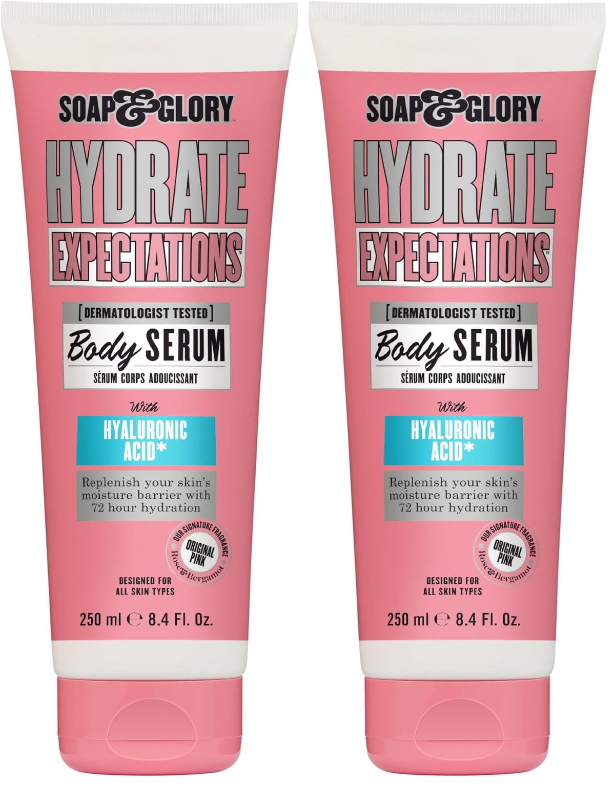 Soap & Glory Hydrate Expectations bottle-pour demonstrates quick hydration for smooth skin.