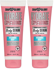 Soap & Glory Hydrate Expectations bottle-pour demonstrates quick hydration for smooth skin.
