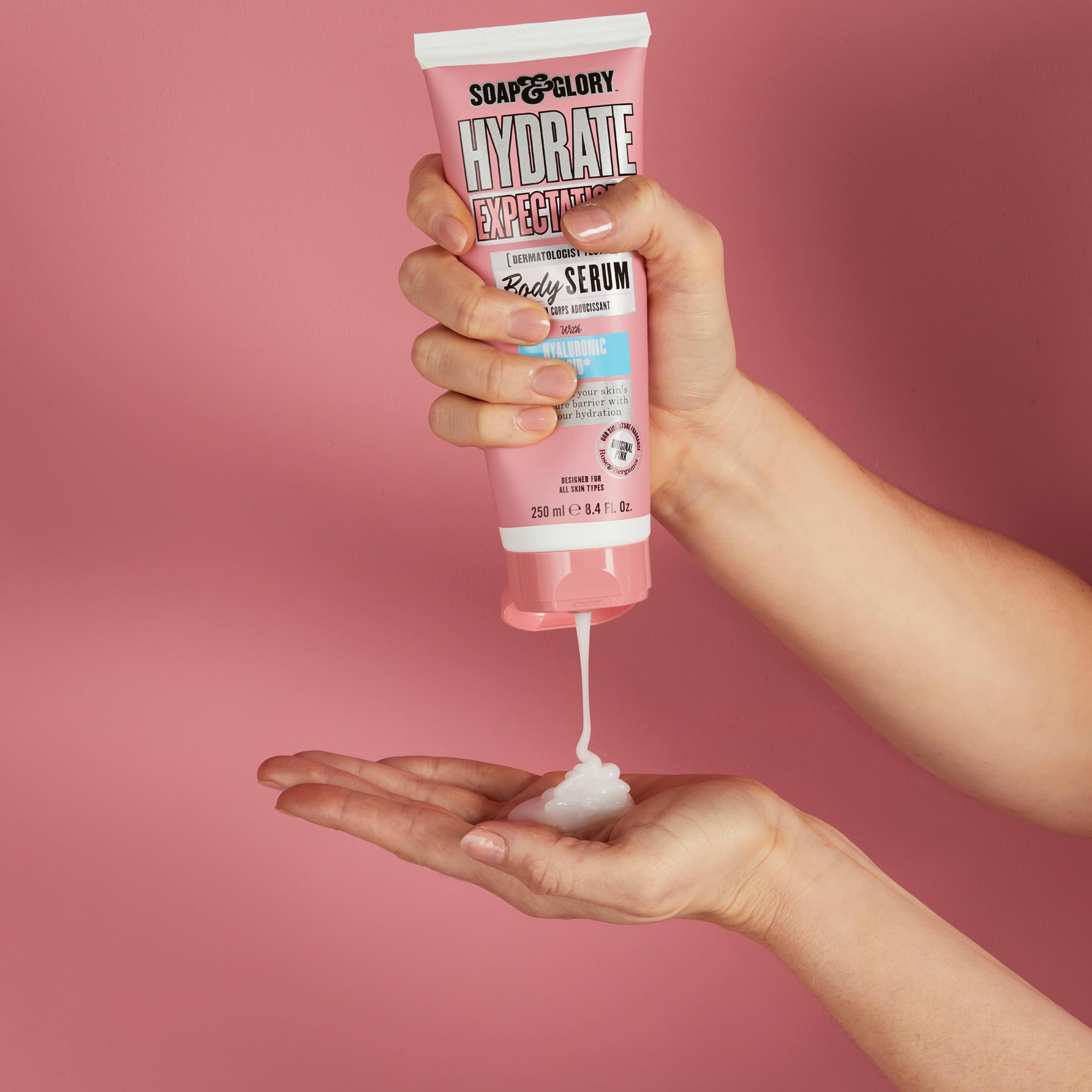 Soap & Glory Hydrate Expectations vegan cruelty-free badge signals animal-free moisturization.