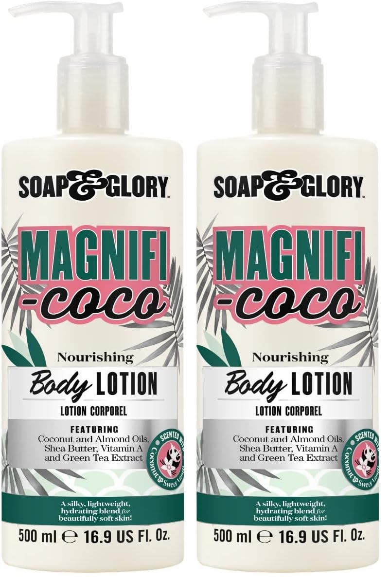 Soap & Glory Magnifi-Coco bottle closeup highlighting rich hydration for dry skin.