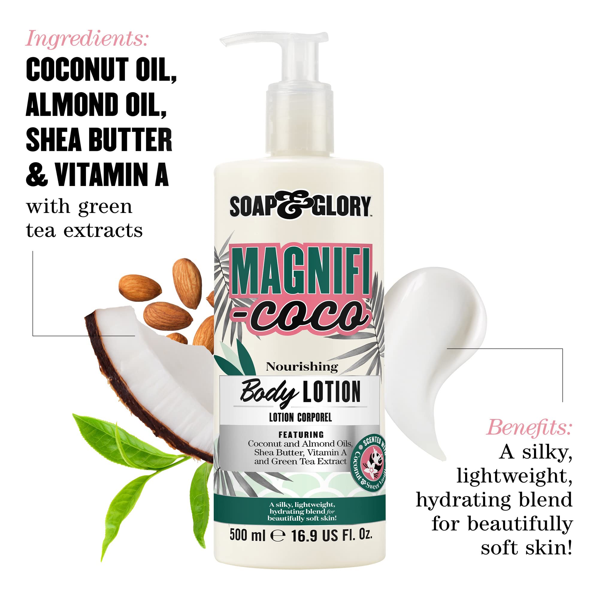 Soap & Glory Magnifi-Coco packaging showcases coconut vanilla scent and nourishing oils.