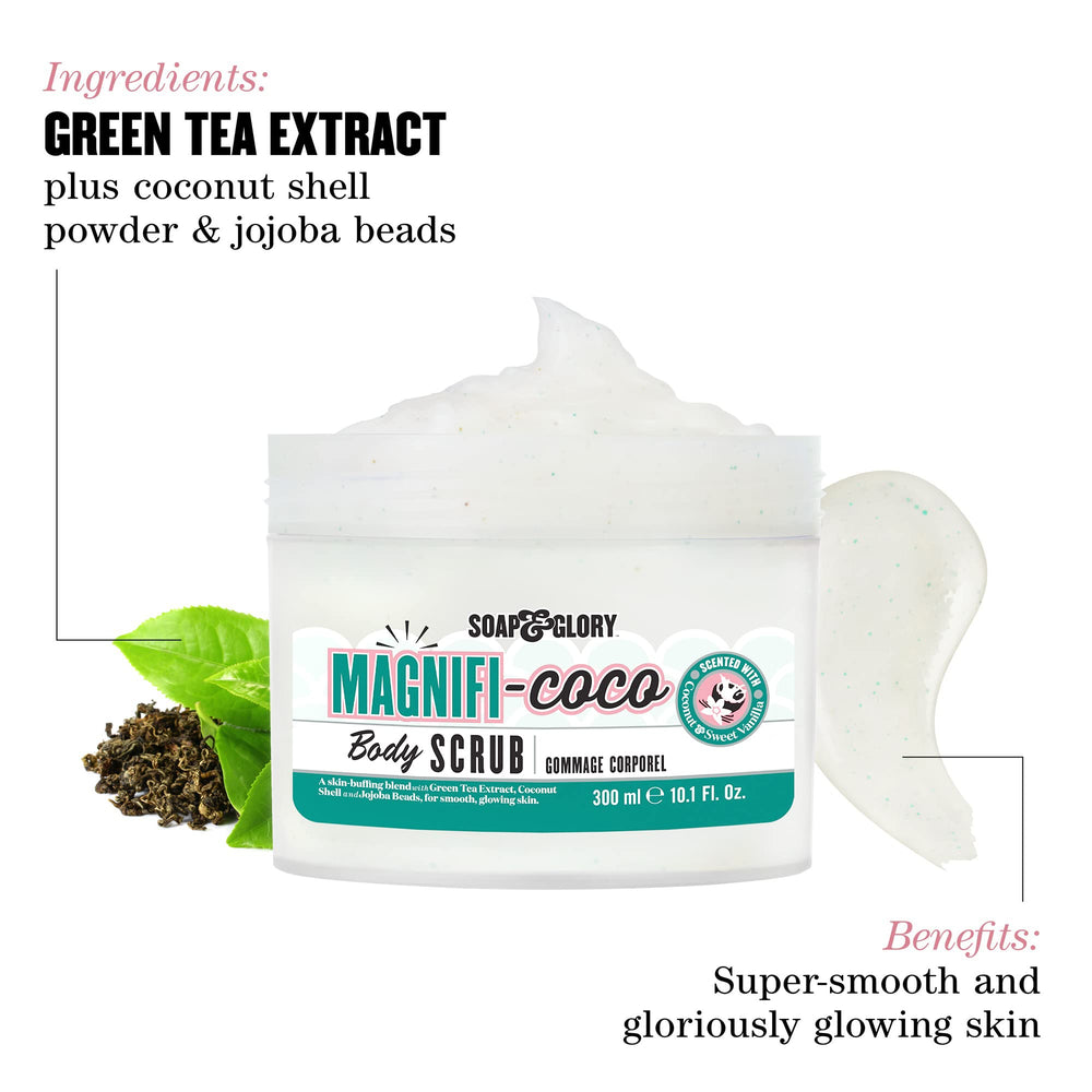 Close-up Magnificoco jar with coconut shell powder and jojoba beads for smooth skin