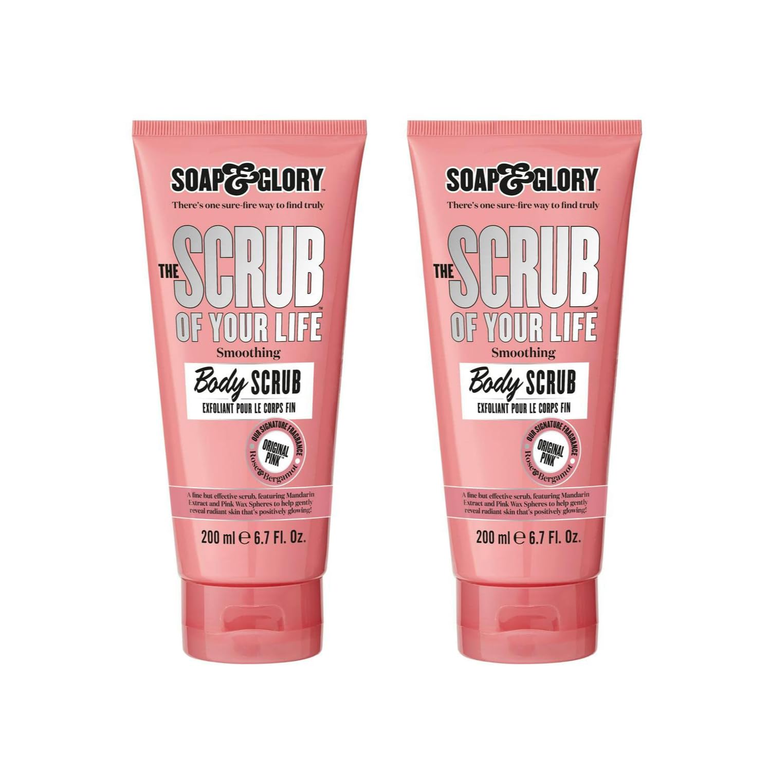 Soap & Glory Original Pink Scrub Of Your Life bottle closeup for velvety skin.