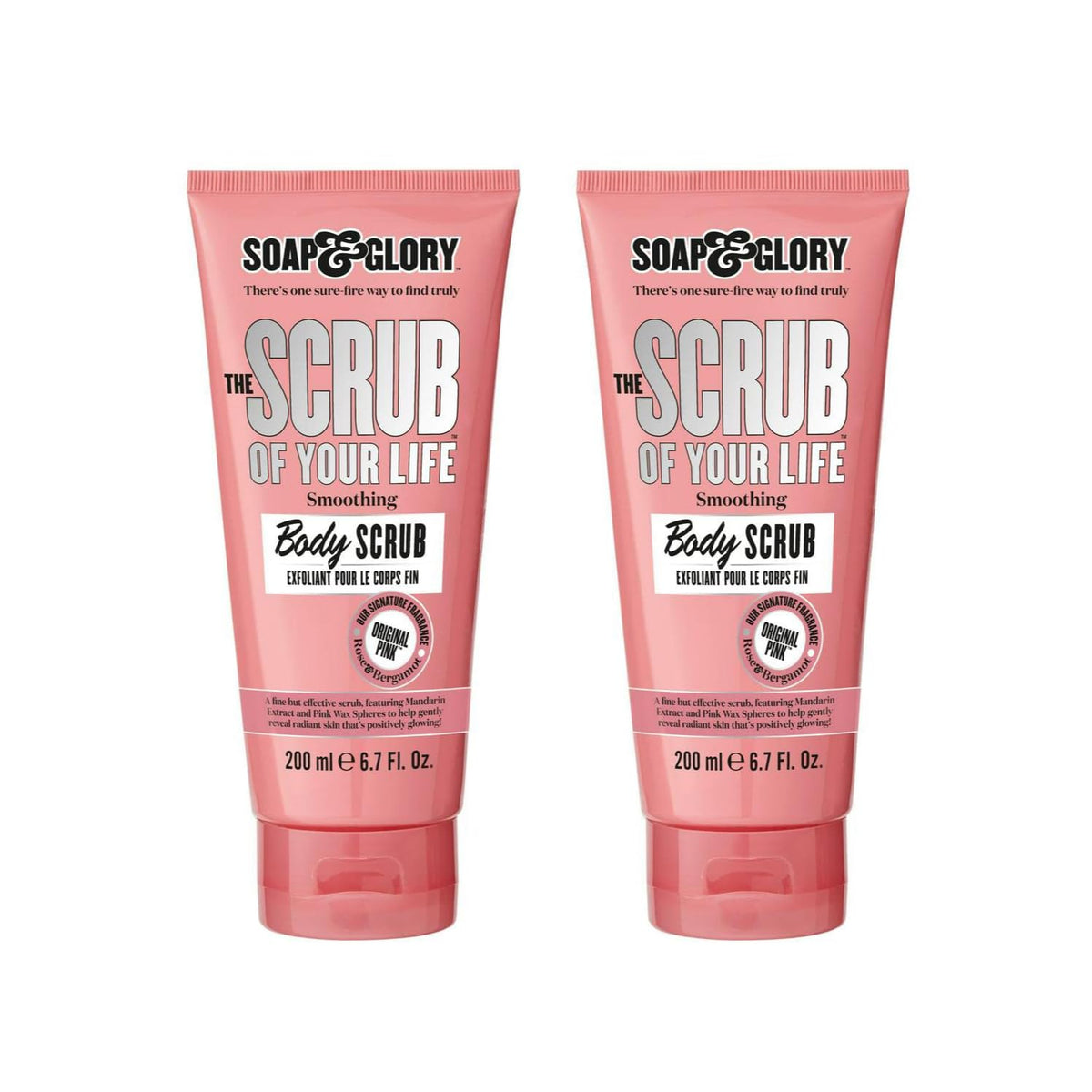 Soap & Glory Original Pink Scrub Of Your Life bottle closeup for velvety skin.